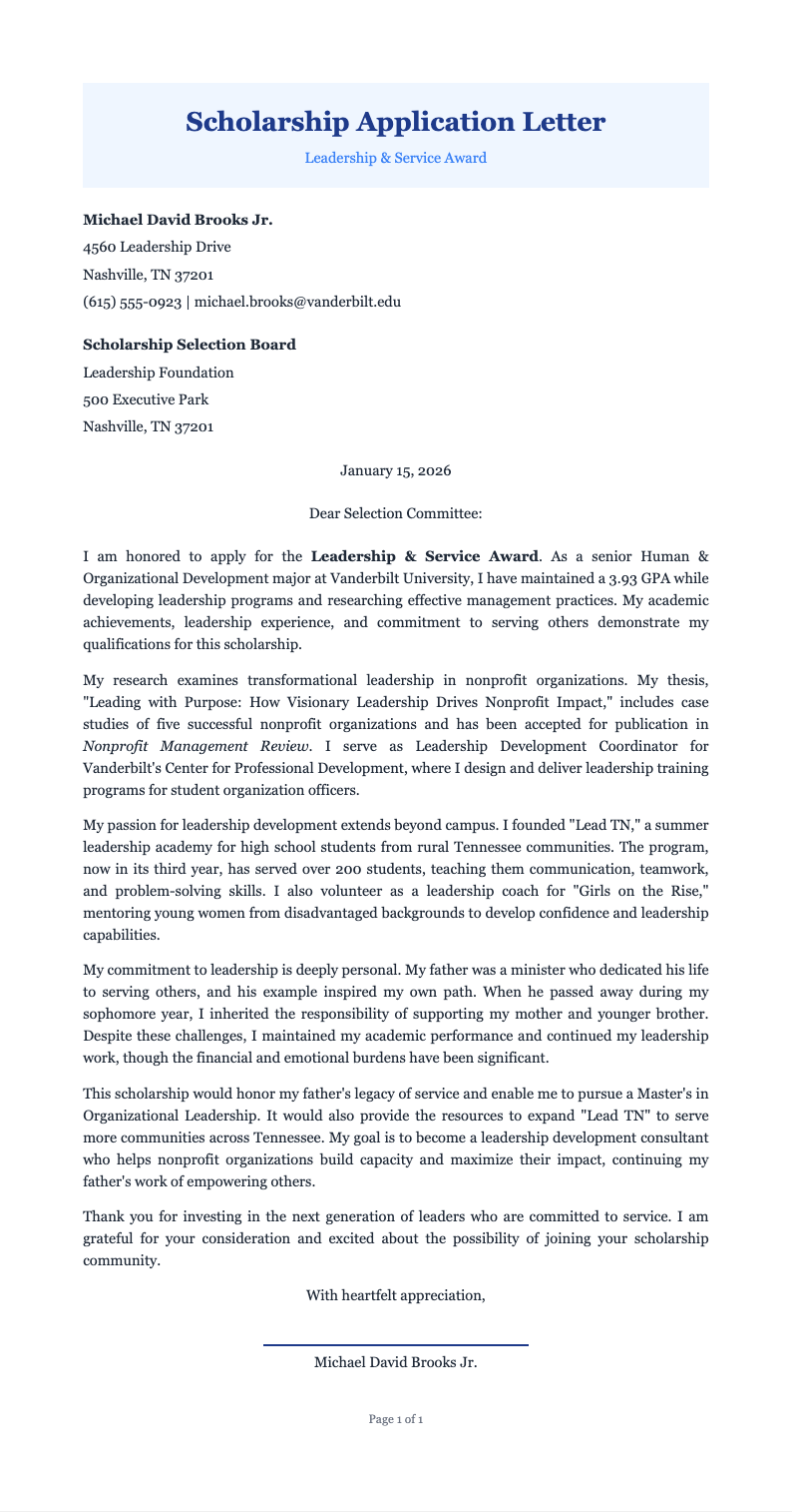 Royal Blue Scholarship Letter